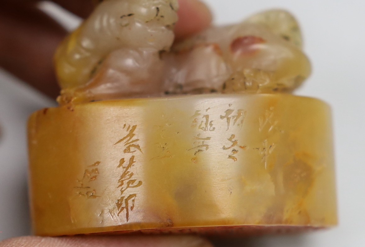 Two Chinese soapstone inscribed seals, 12cm